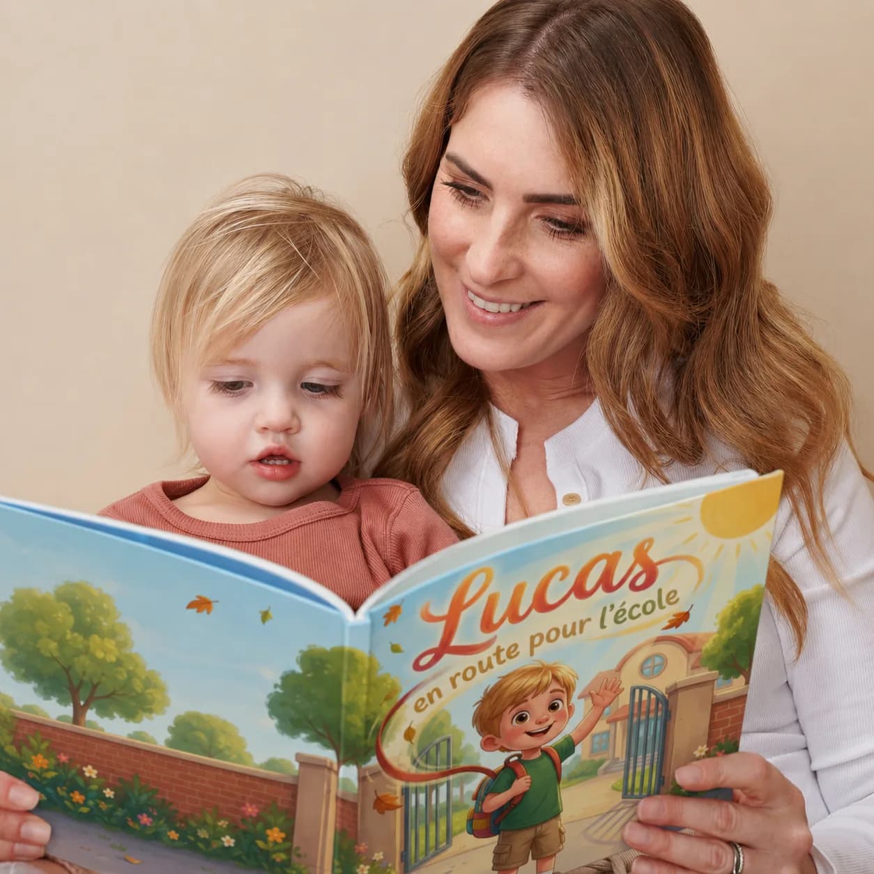 Une maman lit à son enfant son livre Koraa personnalisé, ouvert sur la couverture illustrée où le héros lui ressemble